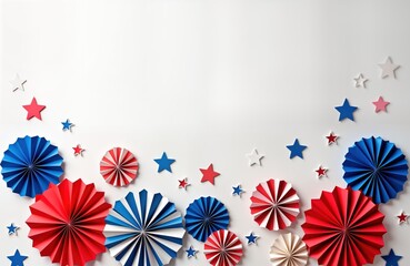 Obraz premium Patriotic paper fans, stars for 4th of July party. Decoration design for celebration. USA theme. Festive paper craft for holiday. Red white, blue colors. Creative homemade craft project. Festive,