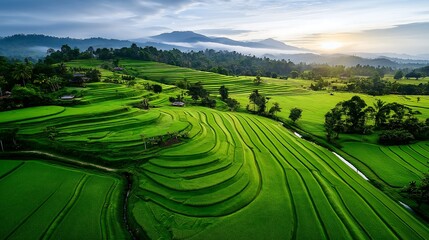 Fototapeta premium Sunrise over terraced rice fields scenic landscape aerial view lush green environment
