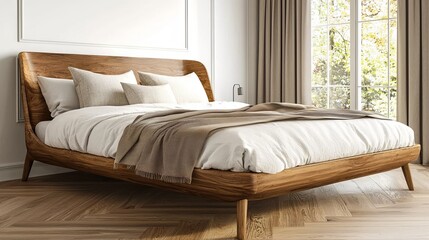 Fototapeta premium Elegant wooden bedframe adorned with soft pillows and a cozy blanket, creating a serene bedroom atmosphere.