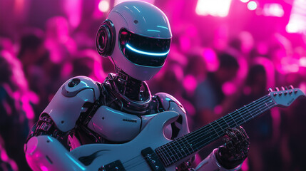 Robotic musician playing electric guitar on futuristic neon stage
