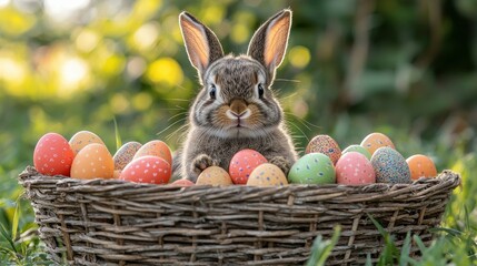 Adorable Easter Bunny in a Basket with Colorful Eggs