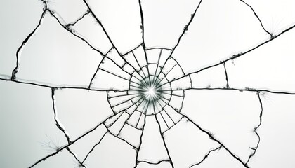 Obraz premium Abstract cracked glass texture isolated on white background. Broken glass pattern. Shattered surface with radial cracks. Design element. Glass damage. Realistic fracture effect. Impact vandalism.