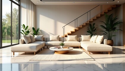 Fototapeta premium Modern living room features cream sectional sofa, wooden staircase. Marble floors create sleek contemporary look. Sunlight streams through large windows reflecting on polished floors. Plants, round