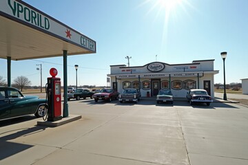 A classic gas station with vintage pumps, surrounded by old cars and a retro diner in the background. The sun is shining brightly