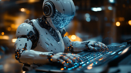 Fototapeta premium A robot writer typing on a futuristic keyboard with holographic text in a cozy workspace, emphasizing creativity and innovation
