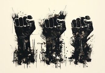  raised fists symbolizing the struggle for human rights and freedom, with black ink and paint splashes on a white background.