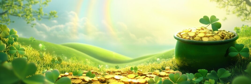 Pot of gold with shamrocks in a green field under a glowing rainbow sky