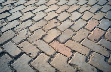 Old herringbone paving stones create textured surface. Abstract pattern shows grunge, dirty details in stone construction material. Retro, vintage design for architecture, construction backgrounds.
