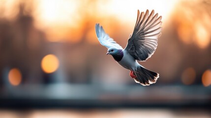 Fototapeta premium Beautiful pigeon soaring against a vibrant sunset sky with soft bokeh in the background