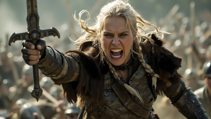 Fierce Tribal Female Viking Warrior Battle Scream In The Battle Scene - Generative AI