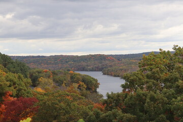 Autumn landscape with trees and lake near Interstate State Park in Taylors Falls, Minnesota. 