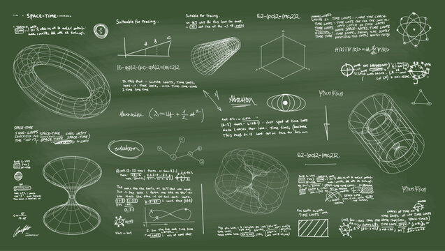 University blackboard with complex calculations, proof of theories with formulas and scribbled notes. Quantum mechanics and physics board with 3D drawings. Vector illustration school board with notes