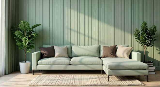 Modern minimalist living room features light sage green walls, light sage green sectional sofa with various color pillows. Sunlight streams into room modern decor, creating warm ambiance. Large