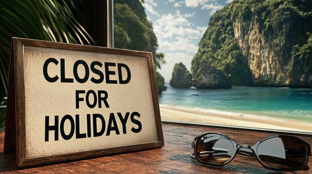 A rustic sign reading 'Closed for Holidays' beside sunglasses, overlooking a tropical beach scene.