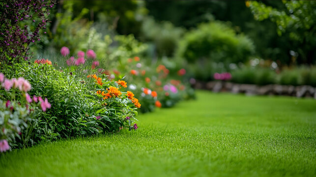 a photograph of a beutiful home garden with green lawns and the focus on beautiful flowers in the foreground freash and inviting award winning photography hyper real
