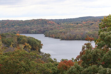 Autumn landscape with trees and lake near Interstate State Park in Taylors Falls, Minnesota. 