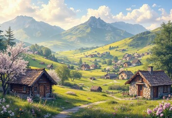 Fototapeta premium Charming mountain village with rustic cabins and blossoming trees