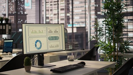 Empty business space equipped with advanced high tech tools to serve an enterprise, workspace in a modern city center corporation. Global organization with a luxurious corporate culture.