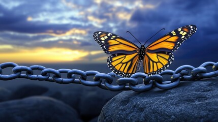 Butterfly on broken chain sunset Symbol of freedom and hope
