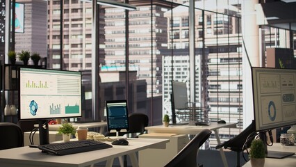 Empty high end workspace with advanced tech tools enhancing productivity, helping business professionals focus on financial strategies. Global enterprise ensuring firm objectives.