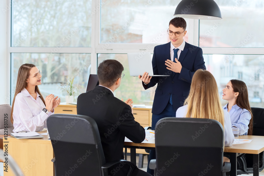 Sticker Businessman with laptop negotiating in conference hall