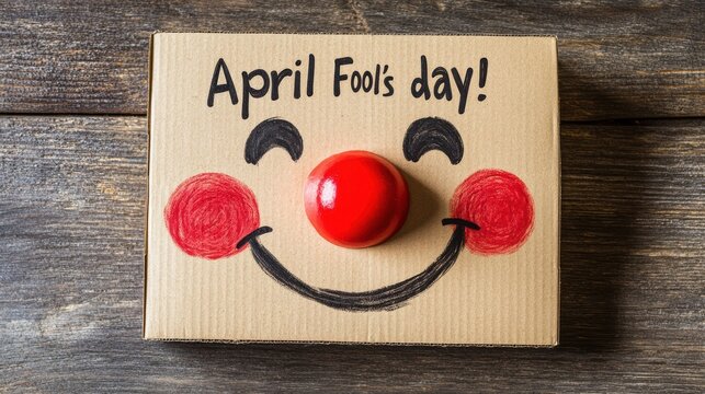 A cardboard box decorated with a clown face, featuring a red nose and the text "April Fool's day!" as a playful and creative holiday prank