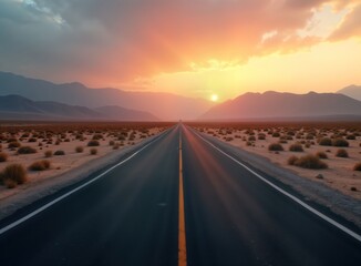 Fototapeta premium Empty asphalt road stretches across barren desert landscape. Sunrise paints mountains soft orange. Vast expanse of land. Eerie stillness. Travel concept for adventure, exploration. Dawn breaks over