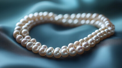 Elegant Pearl Necklace Arranged in a Heart Shape on Teal Silk Fabric