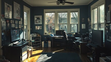 Fototapeta premium Sunlit Home Office with Dual Monitors and Wall Decor