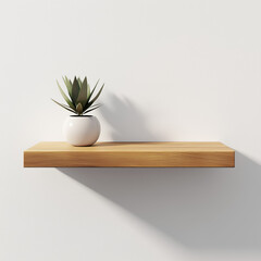 Floating Wooden Shelf with Plant on White Background