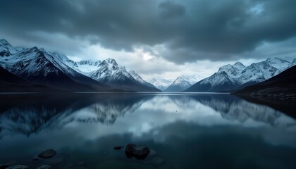 Fototapeta premium Snowy mountain range reflected in still lake water. Dark cloudy sky creates peaceful atmosphere. Calm water surface mirrors dramatic mountain silhouette. Majestic landscape evokes sense of