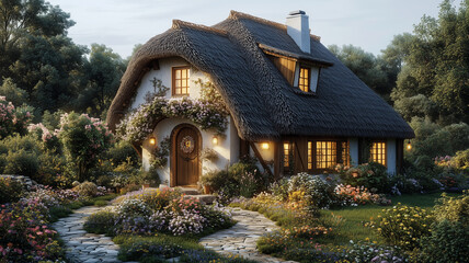 Fototapeta premium Charming Thatched Cottage Nestled in a Lush Garden