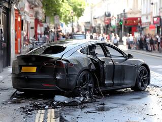 Burned Electric Car Abandoned on City Street After Fire Incident in Broad Daylight