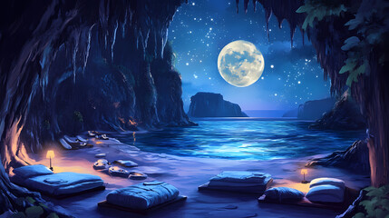 Enchanting moonlit cove fantasy night scene with cozy beds. Moonlit Cove. Illustration