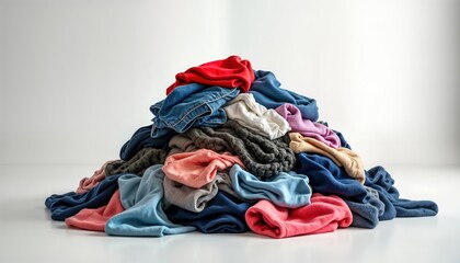 Messy pile of clothes on white floor. Assorted colors, types of apparel. Laundry needs organizing. Disarray of clothing items. Untidy pile of fabrics. Home cleaning chore needed. Disorganized pile