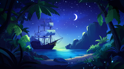 Majestic pirate ship anchors in enchanted tropical cove under starry night sky. Moonlit Cove. Illustration