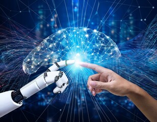main d'un humain touchant du doigt la main d'un robot en ia