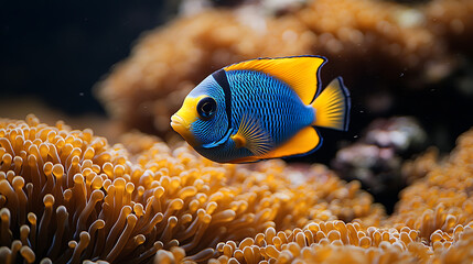 Obraz premium Blue and yellow angelfish swimming near orange coral.