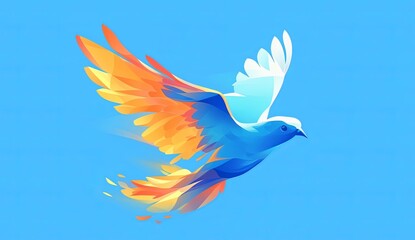 Colorful flying bird logo design with a blue sky background