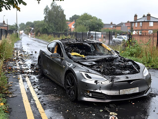 Burned Electric Car Abandoned on City Street After Fire Incident in Broad Daylight