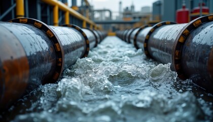 Fast-moving water flows forcefully between large industrial pipes outdoors. Water gushes rapidly through pipeline system. Metal pipes show signs of wear. Industrial infrastructure, energy, water