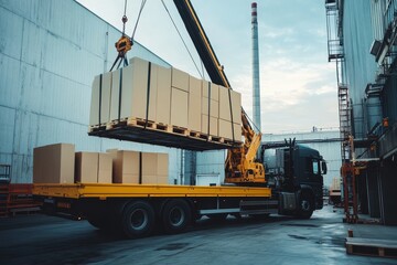 crane loading boxes onto a truck platform at an industrial site