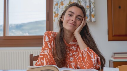 A White woman enjoys a quiet study session at her desk, deeply engaged with open books in a cozy and inviting room