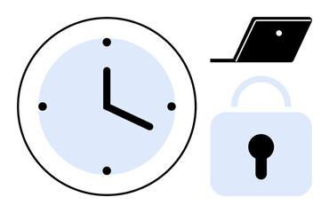 Clock showing 3 oclock, laptop, and padlock represent time management, digital security, and work-life balance. Ideal for productivity tips, cybersecurity awareness, remote work advice, deadline