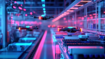A futuristic smart factory with drones inspecting the production process.