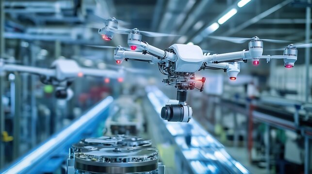 A futuristic smart factory with drones inspecting the production process.
