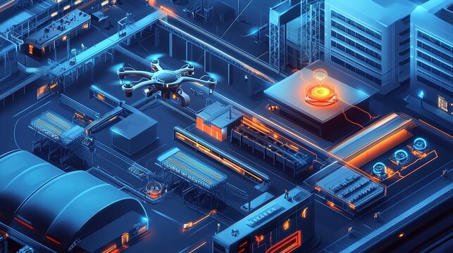 A futuristic smart factory with drones inspecting the production process.