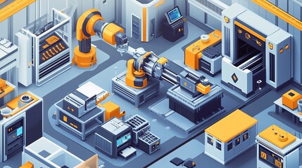 Obraz premium A high-tech smart factory with robotics and IoT devices controlling production.