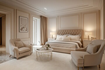 Fototapeta premium interior of a cozy living room in light colors with a bed, table, armchair and floor lamp