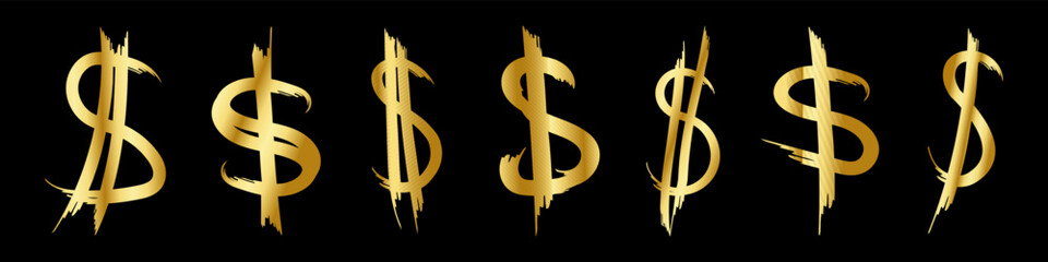 Gold dollar icons set. Hand-drawn brush strokes of golden dollar signs. Money signs for business and decoration, websites and app. Vector illustration isolated on black background.